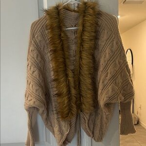Elegant Tan Knit Poncho with Faux Fur Trim